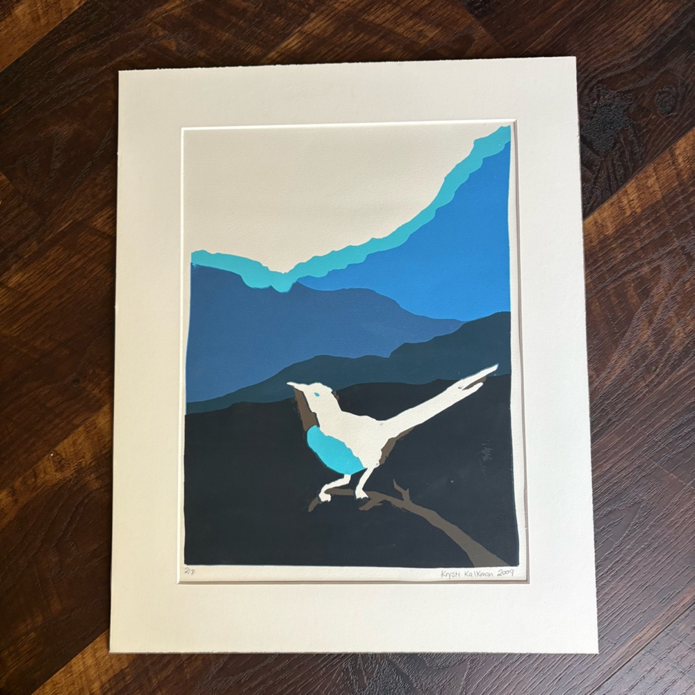 Signed Original Bird Art Print Modernist Blue Mountain Landscape Matted 2009